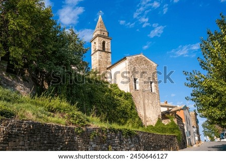 Quaint church tower rising above the greenery in the historic town of Motovun, against a clear blue sky