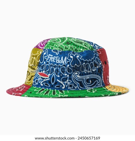 colorful bucket hat, with watermelon patch and printing font Freedom. fabric canvas fashionable, theme batik java. very cool  Royalty-Free Stock Photo #2450657169