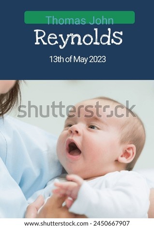 Composition of thomas john reynolds text with birth date over caucasian mother and baby. Birthday, childhood and communication concept digitally generated image.