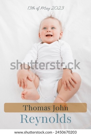 Composition of thomas john reynolds text with birth date over caucasian baby on white background. Birthday, childhood and communication concept digitally generated image.