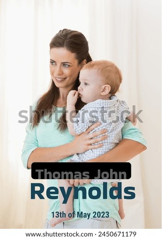 Composition of thomas john reynolds text with birth date over caucasian mother and baby. Birthday, childhood and communication concept digitally generated image.