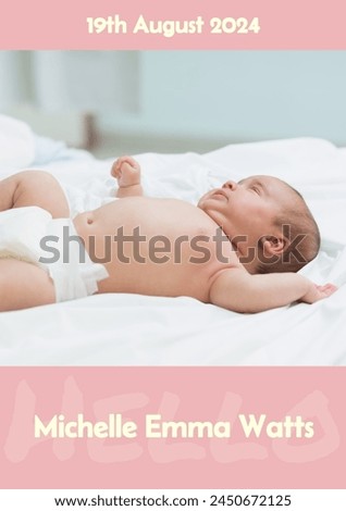 Composition of michelle emma watts text with birth date over caucasian baby on pink background. Birthday, childhood and communication concept digitally generated image.