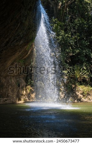 Waterfall with wet stones in the tropical jungle