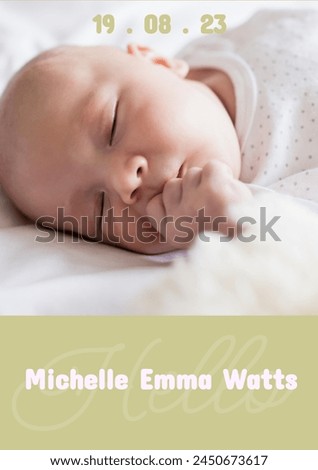 Composition of michelle emma watts text with birth date over caucasian baby on green background. Birthday, childhood and communication concept digitally generated image.
