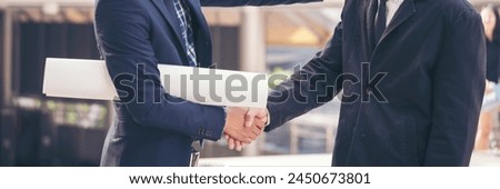 Teamwork partner two men team shaking hands together. Businessman contractor handshake with Business Partner Trust Partnership. Industrail people contractor dealing mission team meeting office desk Royalty-Free Stock Photo #2450673801