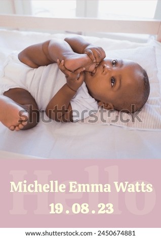 Composition of michelle emma watts text with birth date over african american baby. Birthday, childhood and communication concept digitally generated image.