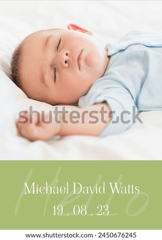 Composition of michael david watts text with birth date over caucasian baby on green background. Birthday, childhood and communication concept digitally generated image.