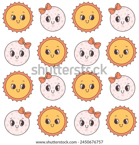 Seamless pattern with Moon and Sun. Trendy groovy cartoon characters. Vector illustration in flat style