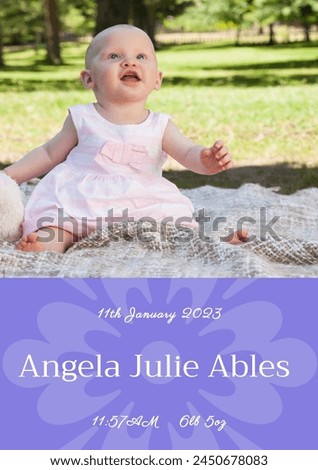Composition of angela julie ables text with birth date over caucasian baby on purple background. Birthday, childhood and communication concept digitally generated image.