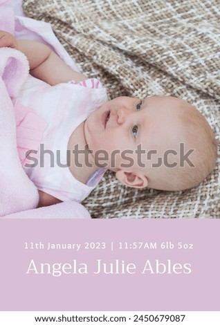 Composition of angela julie ables text with birth date over caucasian baby on pink background. Birthday, childhood and communication concept digitally generated image.