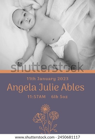 Composition of angela julie ables text with birth date over caucasian baby on grey background. Birthday, childhood and communication concept digitally generated image.