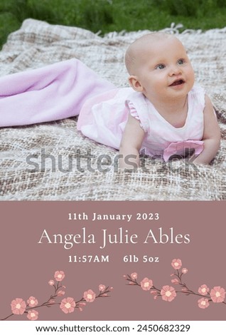 Composition of angela julie ables text with birth date over caucasian baby on brown background. Birthday, childhood and communication concept digitally generated image.
