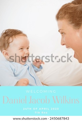 Composition of welcoming daniel jacob wilkins text over caucasian mother and baby. Birthday, childhood and communication concept digitally generated image.