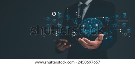 AI tech, Artificial Intelligence. businessman show virtual graphic Global Internet connect Chat with AI, Futuristic technology transformation. Chat with AI