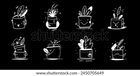 Set of pixel potted plant icons of potted plants on a black background . High quality. Collection of line art illustrations featuring various houseplants in flowerpots. The minimalist black and white