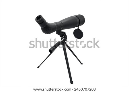 Rear view of small, lightweight spotting scope mounted on tripod. Used to view the dianba at the shooting range Royalty-Free Stock Photo #2450707203