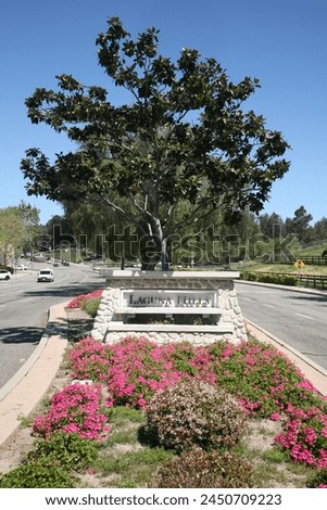 Laguna Hills, California - USA - April 16, 2024: City Boarder Entrance Sign to Laguna Hills California. Laguna Hills City Sign. 