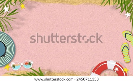 Summer background,Beach vacation holiday with coconut palm leaves border,Hat,Sunglasses,flip flops on pink sand texture,Vector banner flat lay tropical Summer design for Sale,Parties  Royalty-Free Stock Photo #2450711353