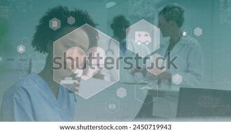 Image of medical icons over diverse doctors. global medicine, healthcare and technology concept digitally generated image.