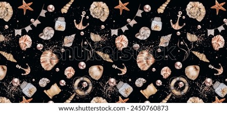 Seamless Pattern. Shells, Corals, Starfish, Algae, Anchor, Map, Lifebuoy, Flags, Pearls. Watercolor illustration. Black Background. For fabrics, textiles,summer accessories, design elements, wallpaper