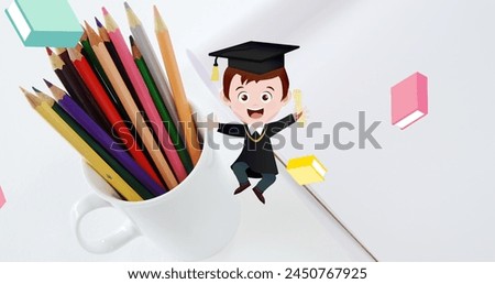 Image of schoolkid icon and books over pencils. global education and digital interface concept digitally generated image.