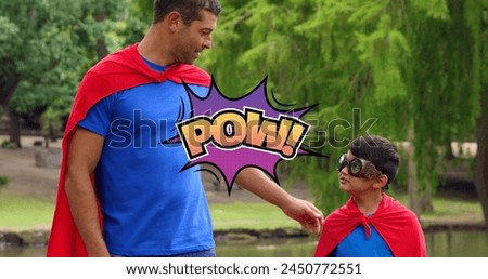 Image of comic icons over happy biracial father with son with superhero costumes. international day of families and celebration concept digitally generated image.