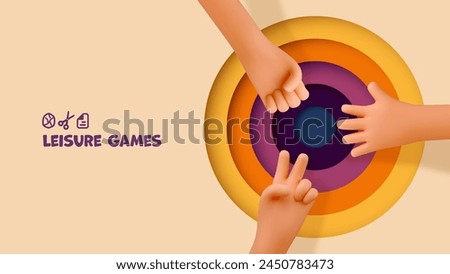 3d cartoon hands playing rock paper scissors game vector illustration on colorful circle background. Three dimensional cute arms gesturing design banner template.