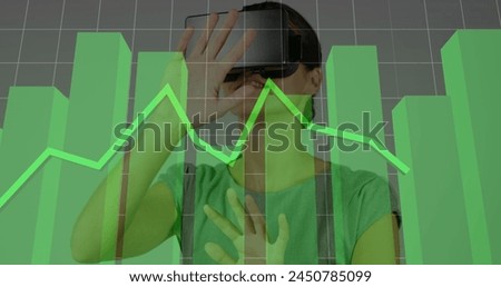 Image of financial data processing over caucasian woman using vr headset. Global business, finances, digital interface and connections concept digitally generated image.
