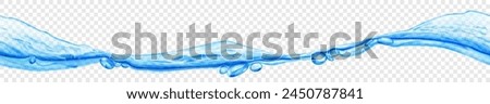 Long translucent water wave with air bubbles, in light blue colors with seamless horizontal repetition, isolated on transparent background. Transparency only in vector file