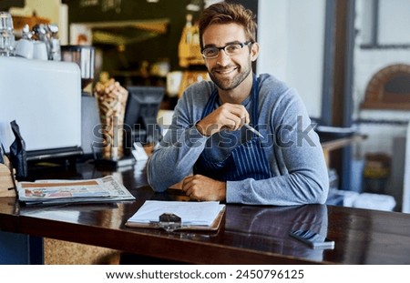 Happy man and coffee shop owner with paperwork or agenda for planning menu and budget in cafe. Male entrepreneur, documents with smile in portrait for research, ideas and analysis for restaurant Royalty-Free Stock Photo #2450796125