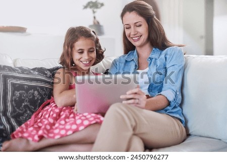 Mother, girl kid and relax with tablet for streaming, elearning or online games with bonding or together at family home. Happy, love and woman on break with daughter, connection and ebook with tech