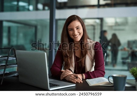 Woman, laptop and portrait in office for web project, career review online and email feedback on digital report. Editor or journalist and smile with tech and diary for internet research in workspace