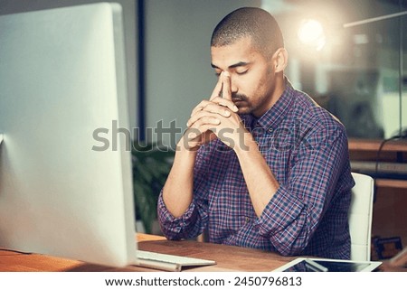 Night, employee and man with headache, computer and graphic designer with anxiety and tired. Person, evening or exhausted with pc and migraine with pain and brain fog with fatigue, stress and burnout