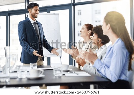 Applause, business people and meeting for support at presentation, architect group with speaker and praise. Planning, construction project and team building with pride, feedback and success in office Royalty-Free Stock Photo #2450796961