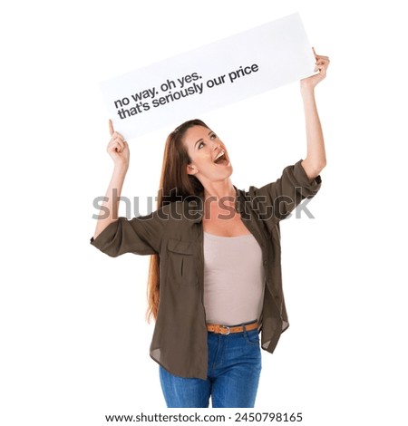 Woman, shock and poster as sale discount in studio for billboard announcement, mockup space or exciting. Female person, signage and low prices as retail promotion on white background, wow or news