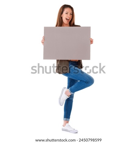 Poster, white background and portrait of woman on a white background for announcement, news and information. Mockup space, happy and isolated person with sign for promotion, deal and sale in studio