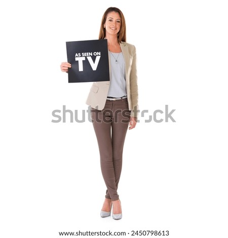 Text, woman and portrait in studio for advertising or marketing strategy and promotion with message for announcement. Girl, poster or board and sign for consumer service, branding and shopping sale.