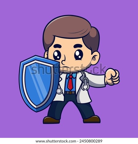 Cute a doctor holding a shield and inject cartoon illustration. Study icon concept. Flat cartoon style