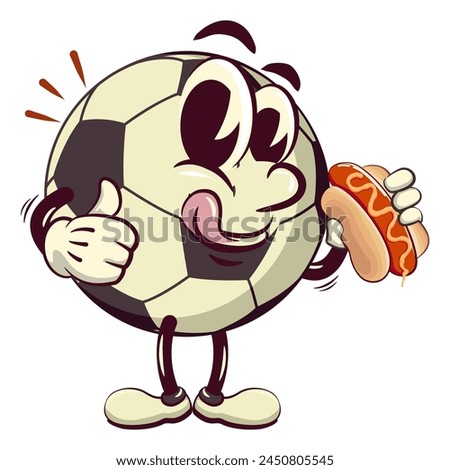 football soccer ball cartoon vector isolated clip art illustration mascot carrying a hotdog while giving a thumbs up, vector work of hand drawn