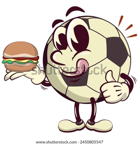 football soccer ball cartoon vector isolated clip art illustration mascot carrying a burger while giving a thumbs up, vector work of hand drawn