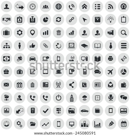 100 corporate icons, black on circle gray background 
