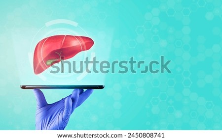 Medical technology in electronic devices. The doctor's hand holds a tablet that shows the liver. Hepatologist. Isolated on light blue background. Royalty-Free Stock Photo #2450808741