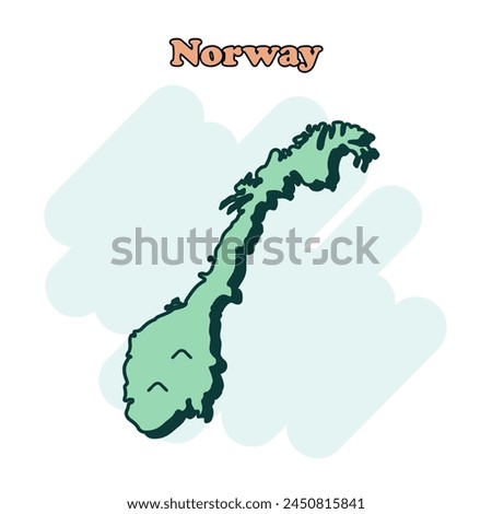 Norway cartoon colored map icon in comic style. Country sign illustration pictogram. Nation geography splash business concept.