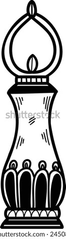 A black and white drawing of a lantern with a flame inside. The lantern is sitting on a pedestal