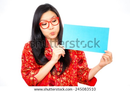 asian woman holding blank cards or sign for advertise