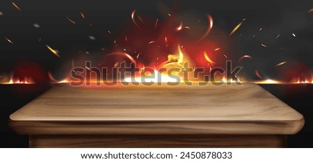 Wooden table on flame and smoke background. Vector realistic illustration of grill menu backdrop with wood desk surface, fire burning in dark oven, sparkles flying in air, restaurant banner template