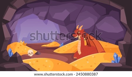 Dragon cave. Magical red dragon guards glittering gold coins piles in mysterious treasure cave. Fantasy vector illustration of dragon fantasy magic