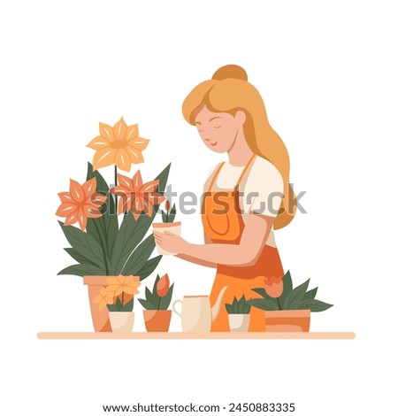 Vector flat clip art of a cute blonde woman gardener in an apron with flowers in pots isolated from background. Hobbies floristry and useful work. Trendy illustration for articles and postcards
