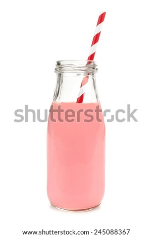 Strawberry milk with straw in a traditional bottle isolated on white
