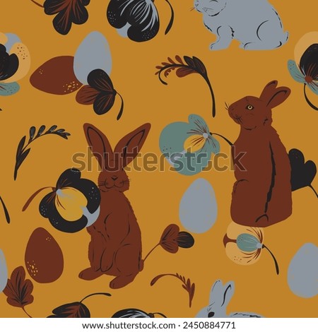 Easter bunnies, eggs and stylized flowers hand drawn vector seamless pattern Retro style